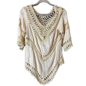 Cherish Women’s Boho 3/4 Sleeve Crochet Tunic Top Off White Cream Size M NWT